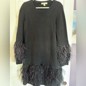 Michael Kors Black Wool Blend Sweater Dress with Feather Trim